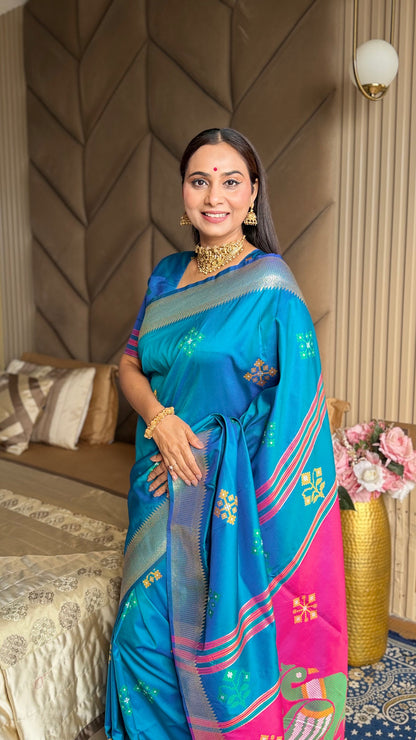 Rama Pink Soft Silk Ikkat Zari Patola Soft Silk Saree