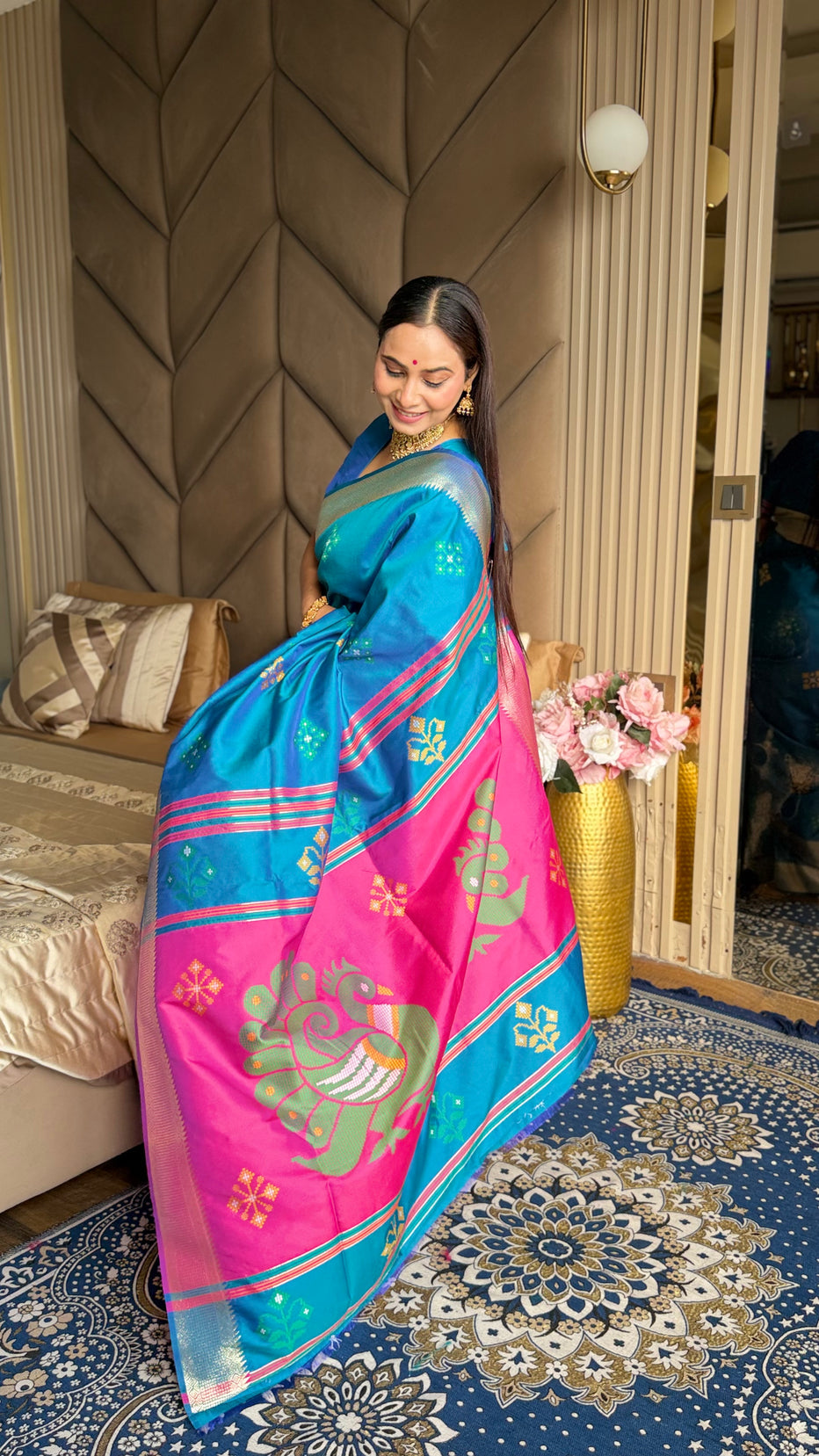 Rama Pink Soft Silk Ikkat Zari Patola Soft Silk Saree