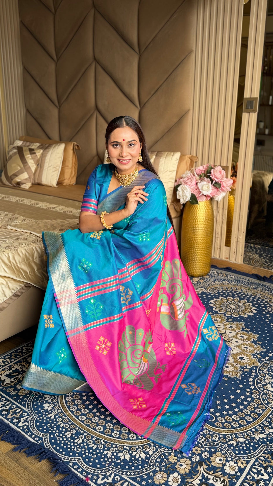 Rama Pink Soft Silk Ikkat Zari Patola Soft Silk Saree