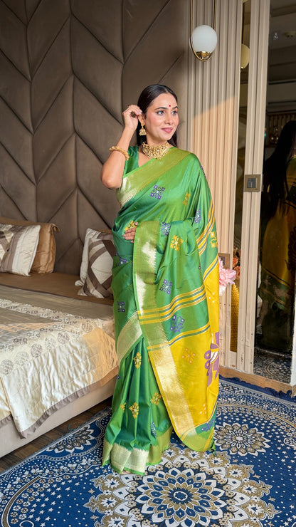 Mehendi Pink Soft Silk Ikkat Zari Patola Soft Silk Saree