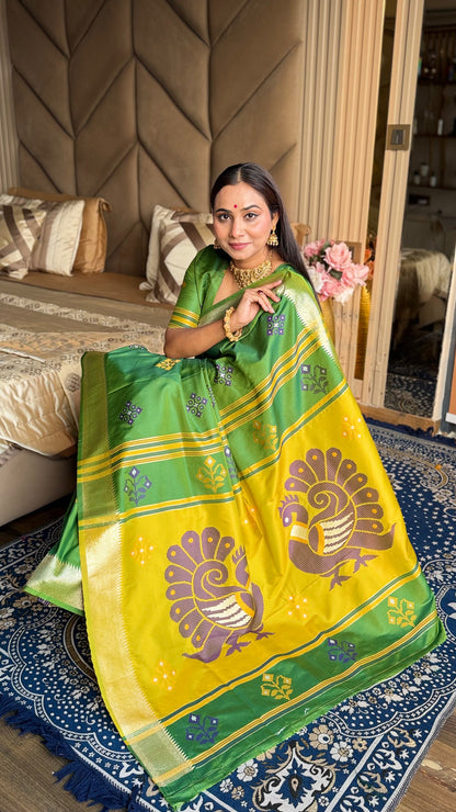 Mehendi Pink Soft Silk Ikkat Zari Patola Soft Silk Saree