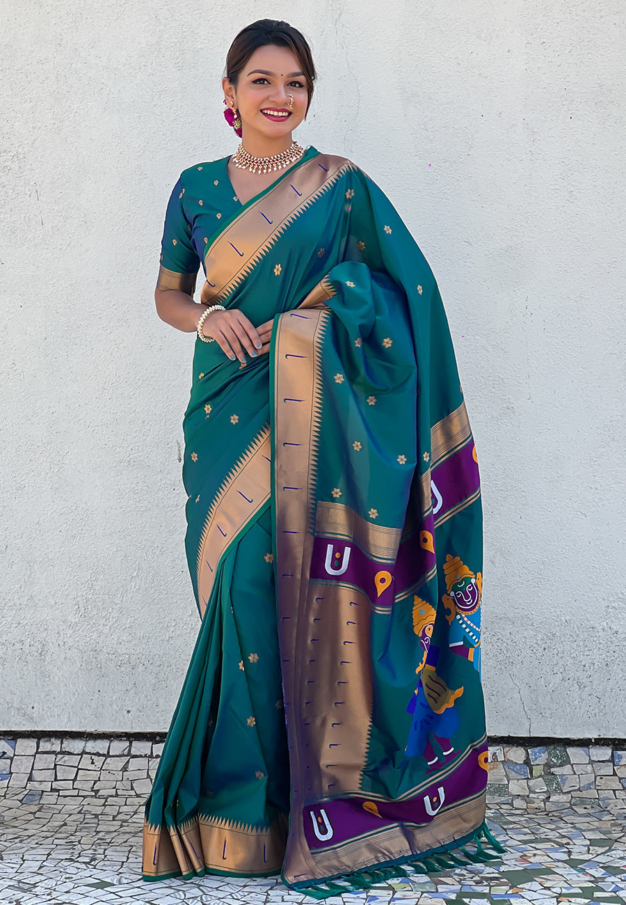 Green Zari Woven Vitthala God Special Paithani Silk Saree Banarasi Silk Saree Anant Tex Exports Pvt.Ltd..