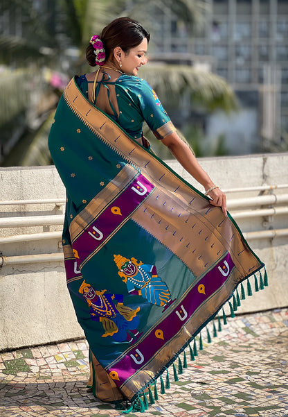 Green Zari Woven Vitthala God Special Paithani Silk Saree Banarasi Silk Saree Anant Tex Exports Pvt.Ltd..