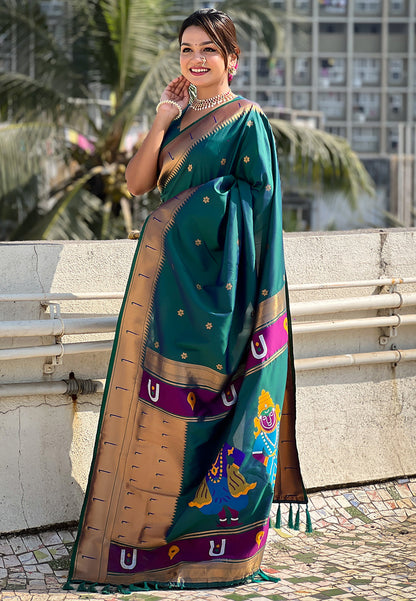 Green Zari Woven Vitthala God Special Paithani Silk Saree Banarasi Silk Saree Anant Tex Exports Pvt.Ltd..