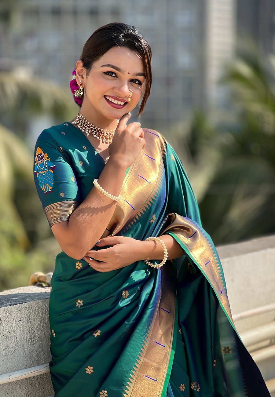 Green Zari Woven Vitthala God Special Paithani Silk Saree Banarasi Silk Saree Anant Tex Exports Pvt.Ltd..