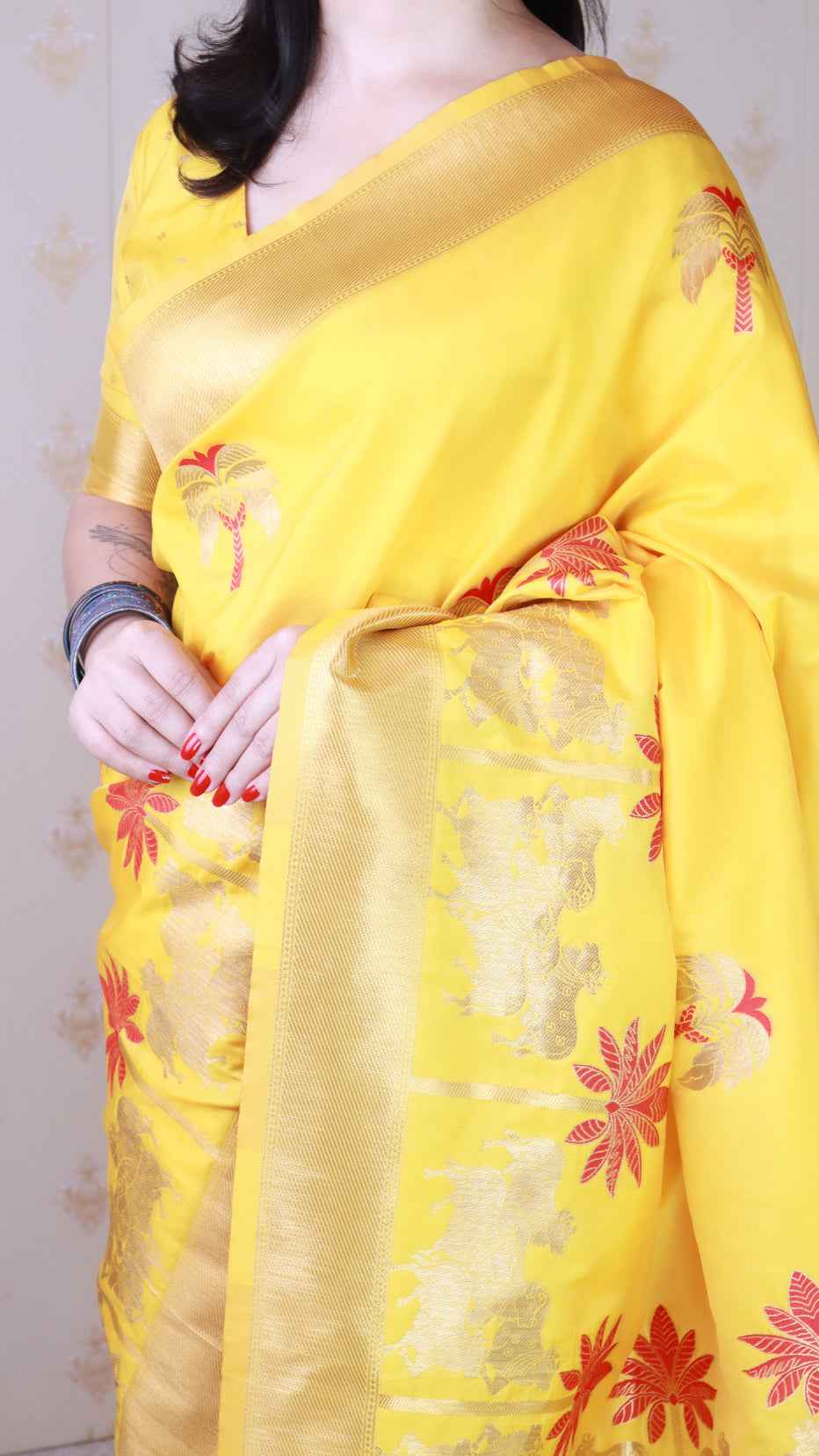 Bright Yellow Soft Silk with Kamdhenu Weaves Zari Woven Saree