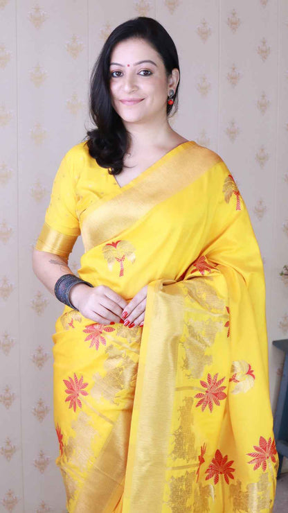 Bright Yellow Soft Silk with Kamdhenu Weaves Zari Woven Saree