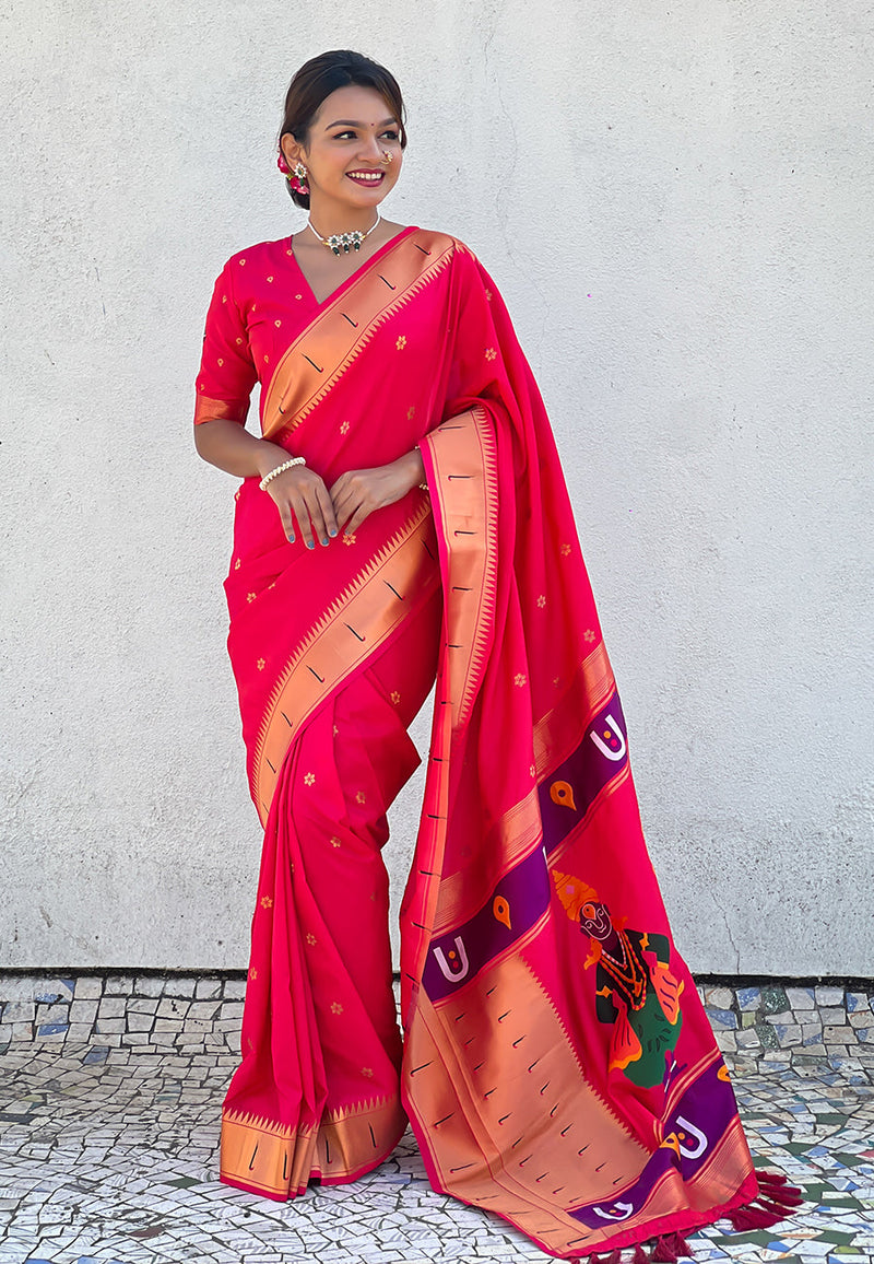 Pink Blue Zari Woven Vitthala God Special Paithani Silk Saree