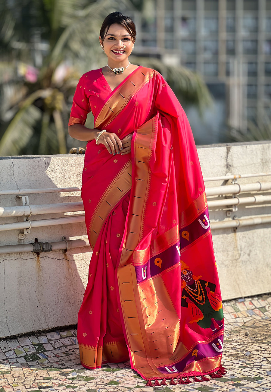 Pink Blue Zari Woven Vitthala God Special Paithani Silk Saree Banarasi Silk Saree Anant Tex Exports Pvt.Ltd..