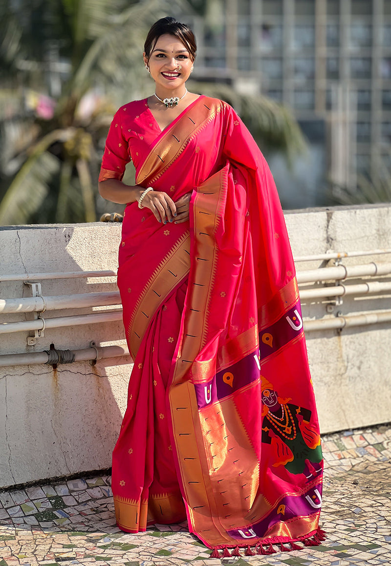 Pink Blue Zari Woven Vitthala God Special Paithani Silk Saree