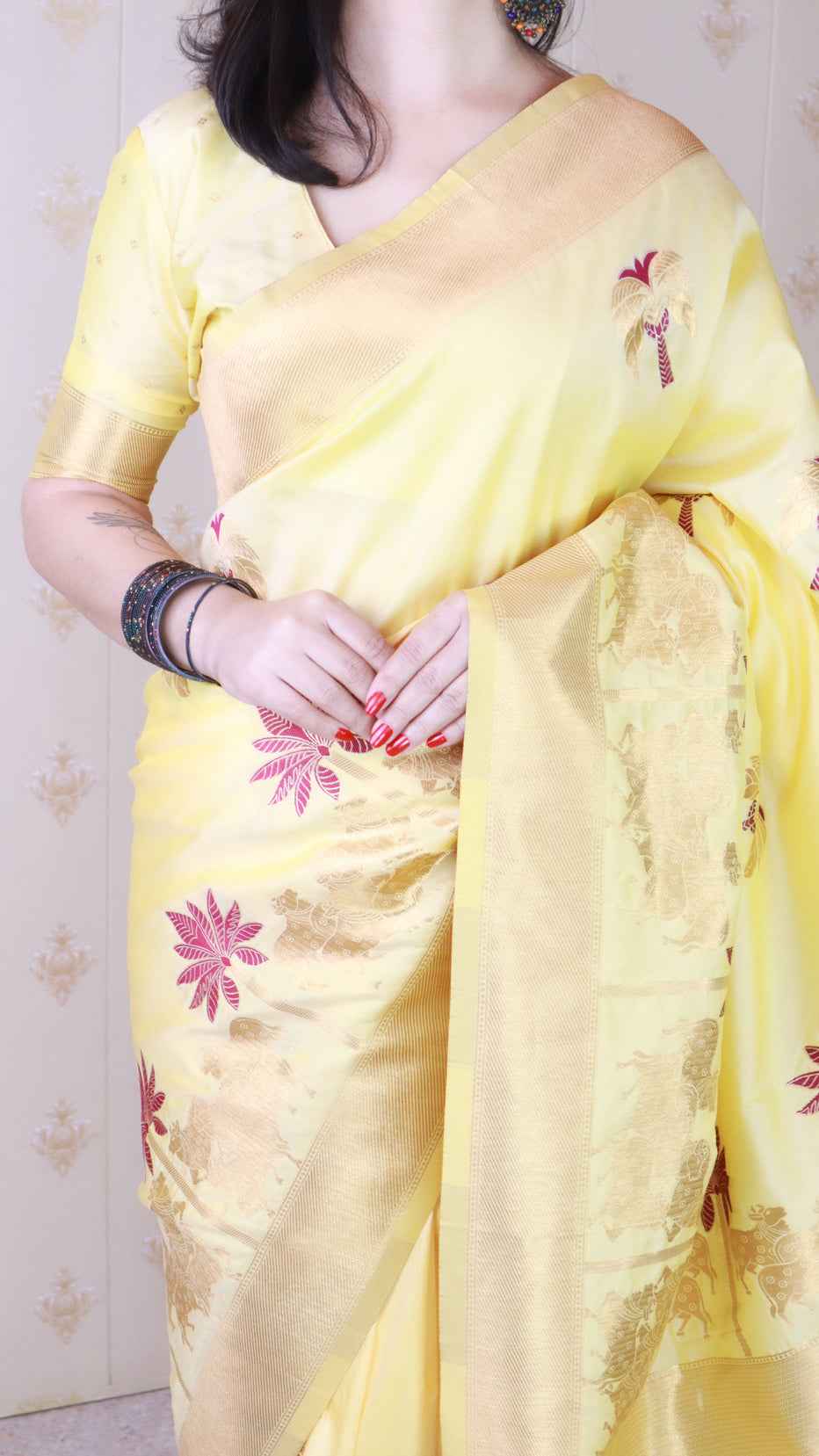 Light Yellow Soft Silk with Kamdhenu Weaves Zari Woven Saree