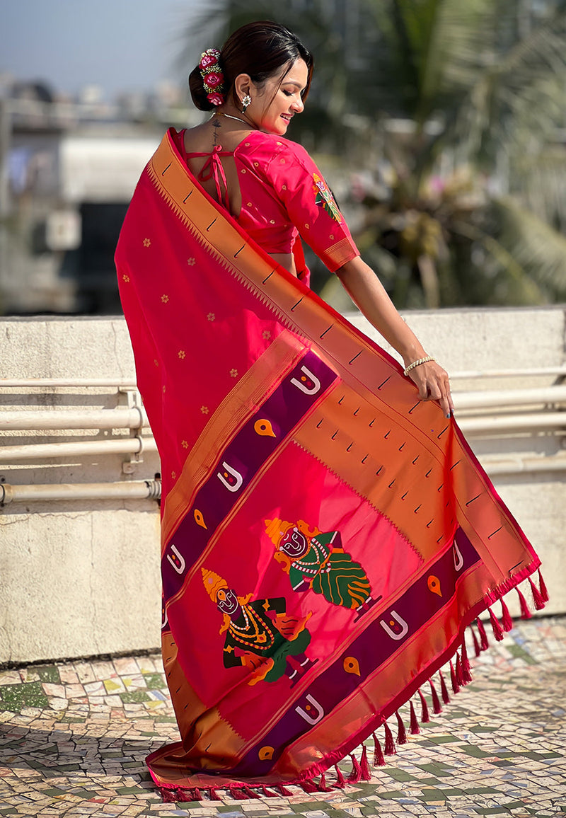 Pink Blue Zari Woven Vitthala God Special Paithani Silk Saree