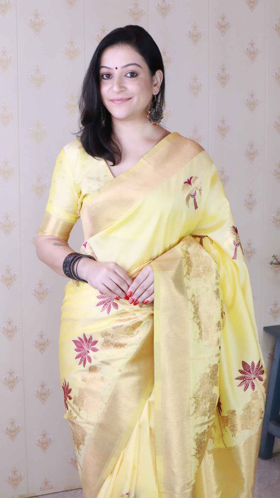 Light Yellow Soft Silk with Kamdhenu Weaves Zari Woven Saree