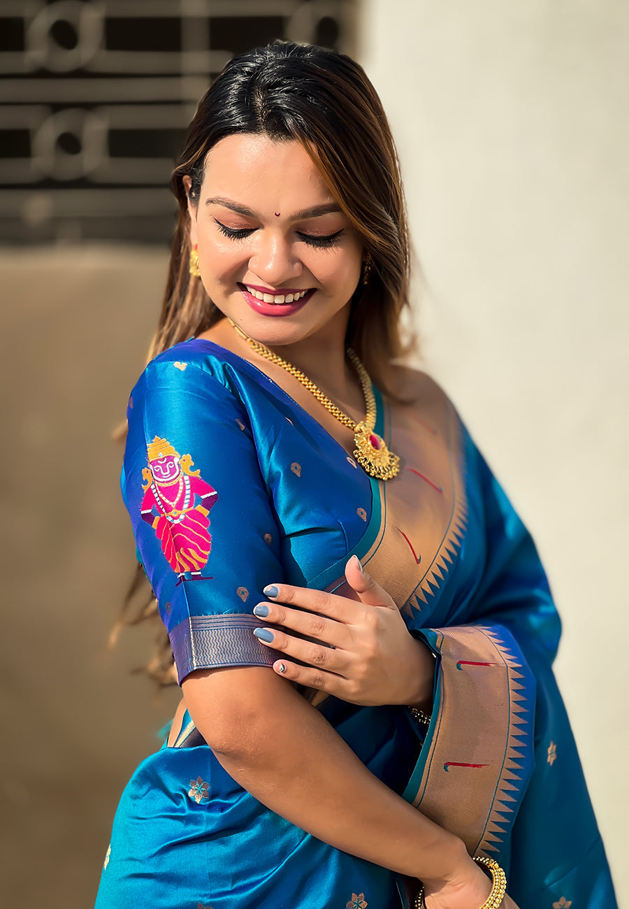 Rama Blue Zari Woven Vitthala God Special Paithani Silk Saree Banarasi Silk Saree Anant Tex Exports Pvt.Ltd..