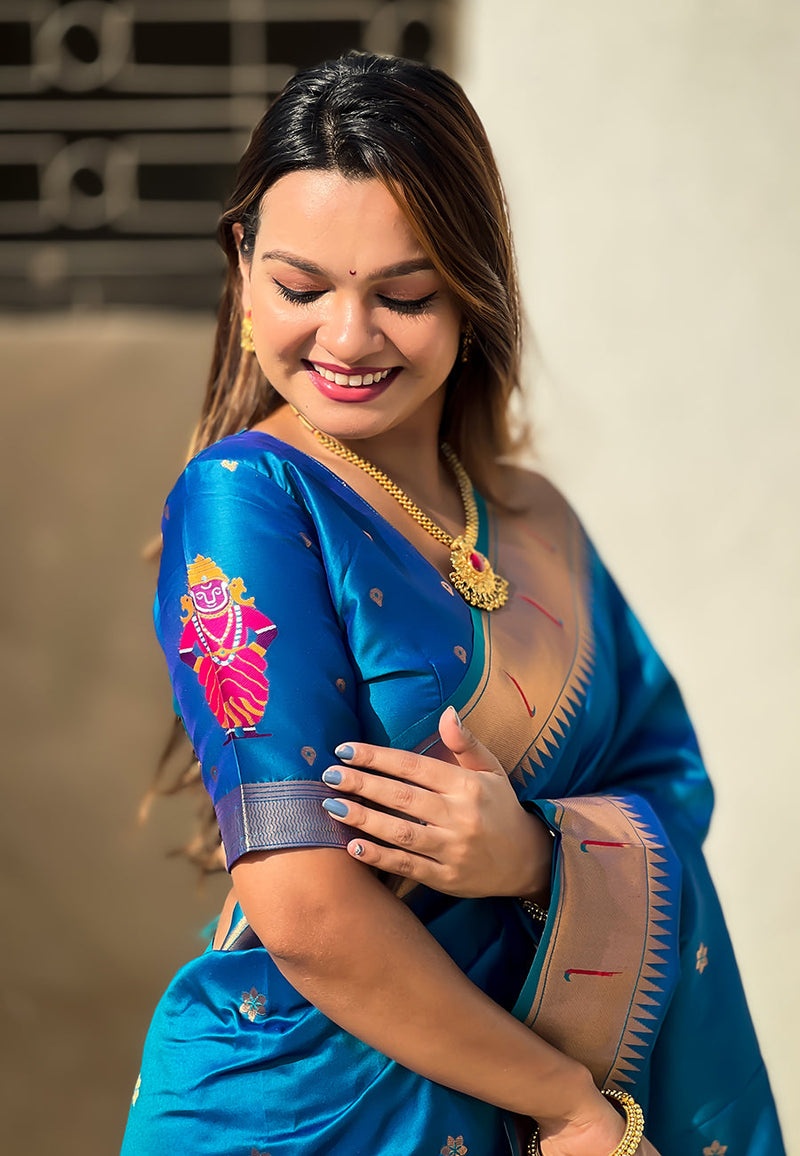 Rama Blue Zari Woven Vitthala God Special Paithani Silk Saree