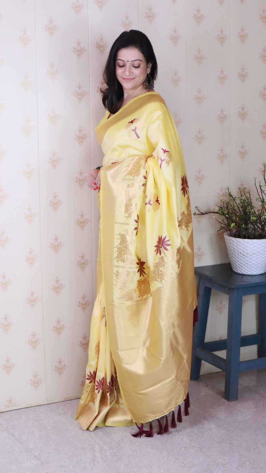 Light Yellow Soft Silk with Kamdhenu Weaves Zari Woven Saree