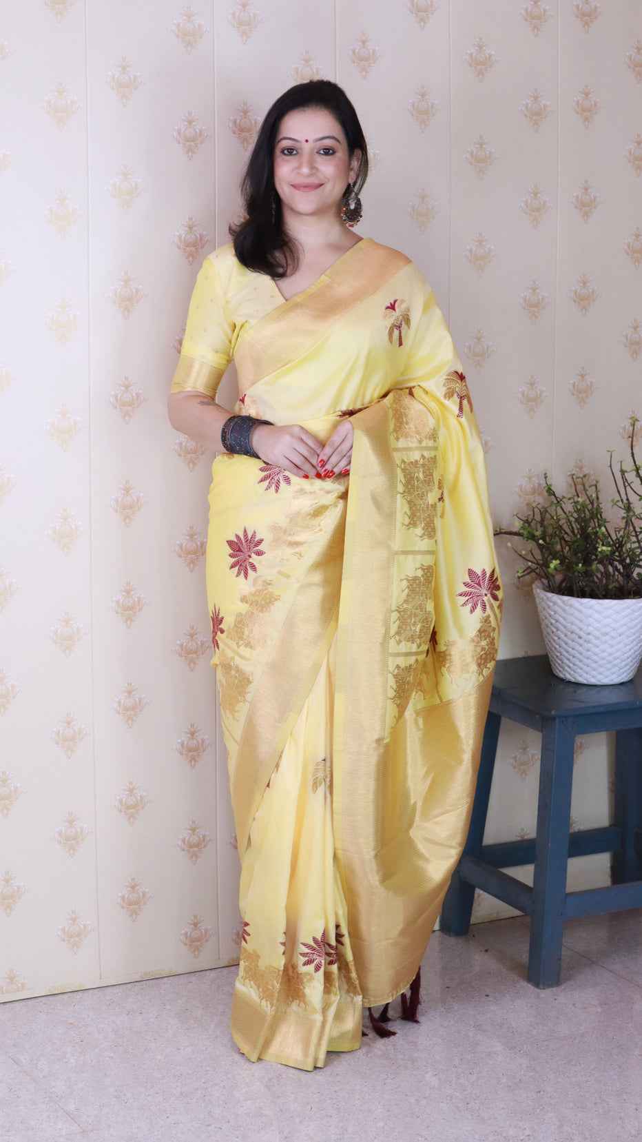 Light Yellow Soft Silk with Kamdhenu Weaves Zari Woven Saree