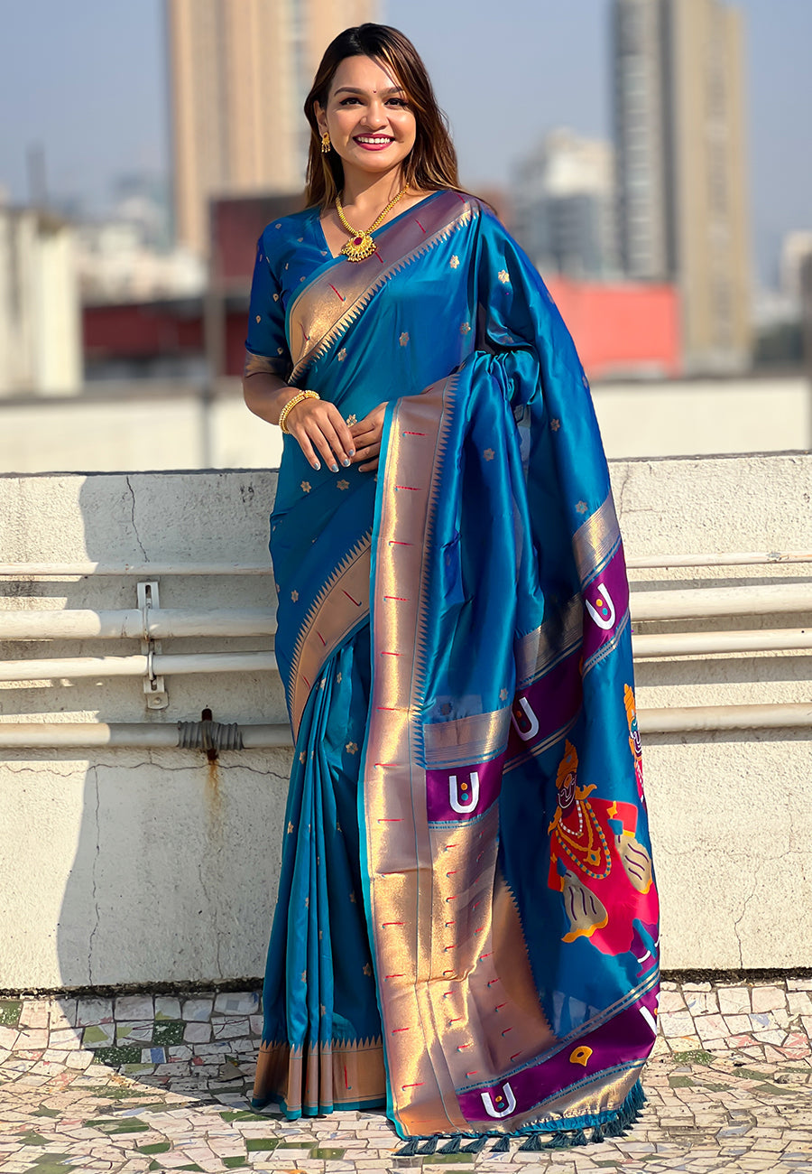 Rama Blue Zari Woven Vitthala God Special Paithani Silk Saree Banarasi Silk Saree Anant Tex Exports Pvt.Ltd..