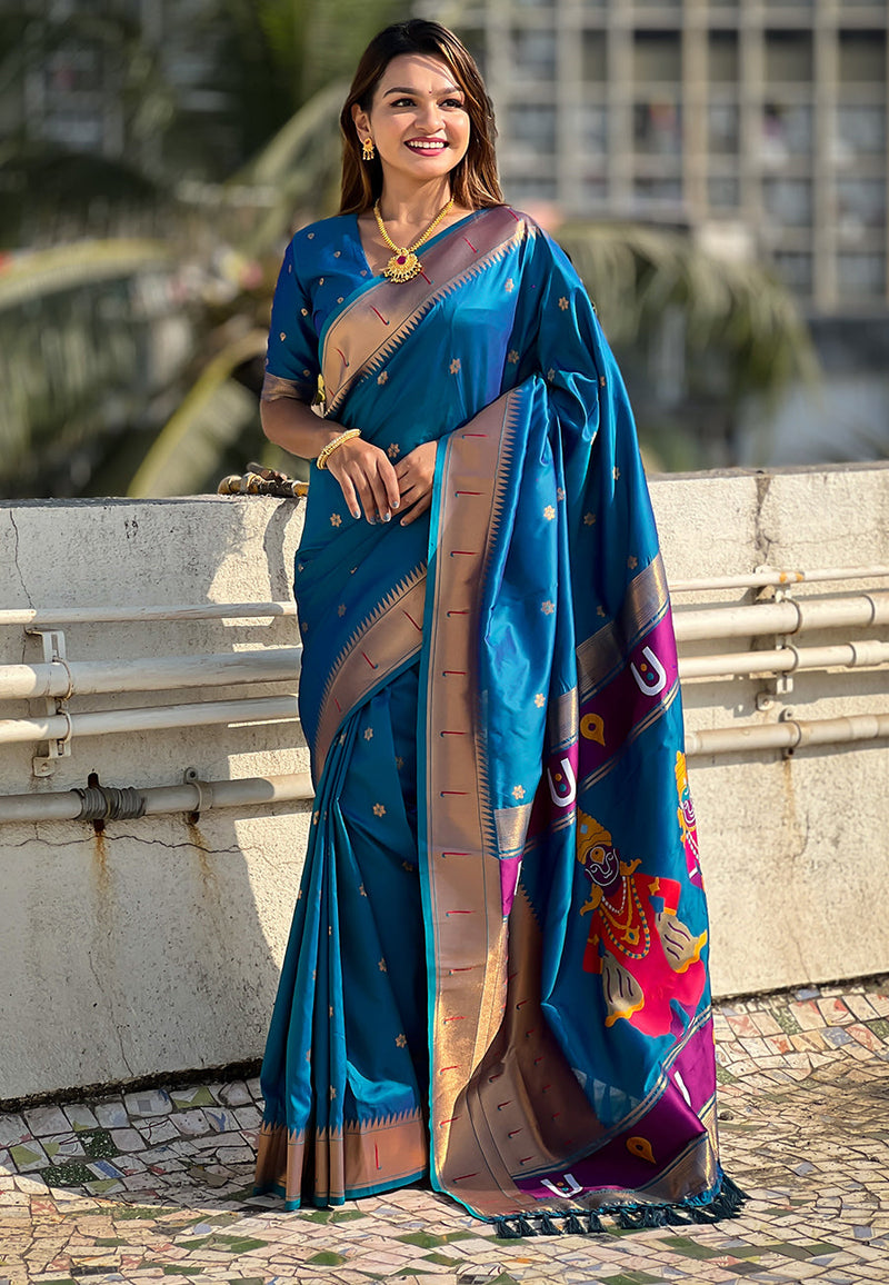 Rama Blue Zari Woven Vitthala God Special Paithani Silk Saree