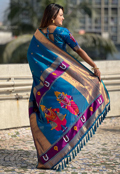 Rama Blue Zari Woven Vitthala God Special Paithani Silk Saree Banarasi Silk Saree Anant Tex Exports Pvt.Ltd..