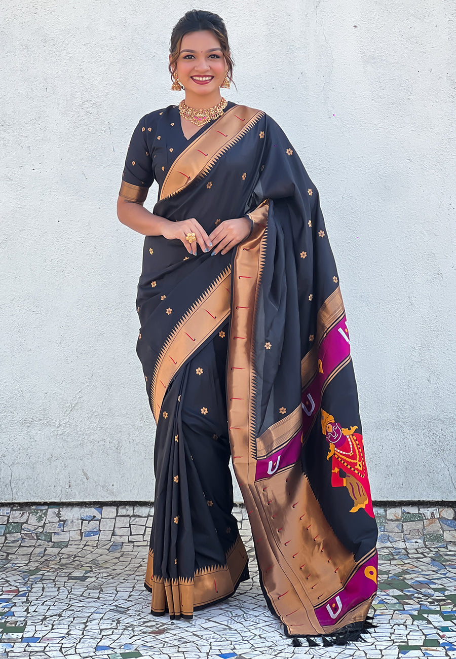 Black Zari Woven Vitthala God Special Paithani Silk Saree Banarasi Silk Saree Anant Tex Exports Pvt.Ltd..