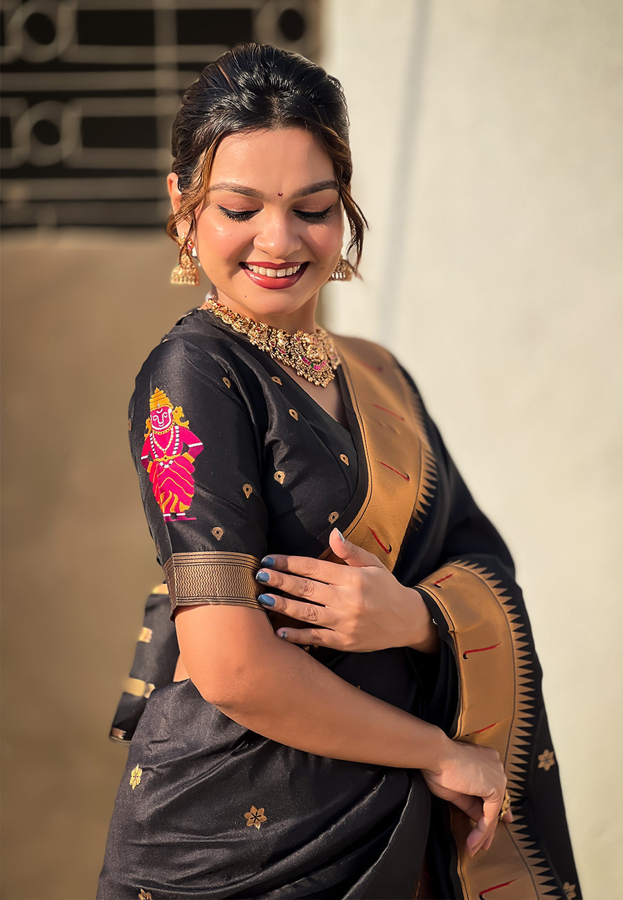 Black Zari Woven Vitthala God Special Paithani Silk Saree Banarasi Silk Saree Anant Tex Exports Pvt.Ltd..