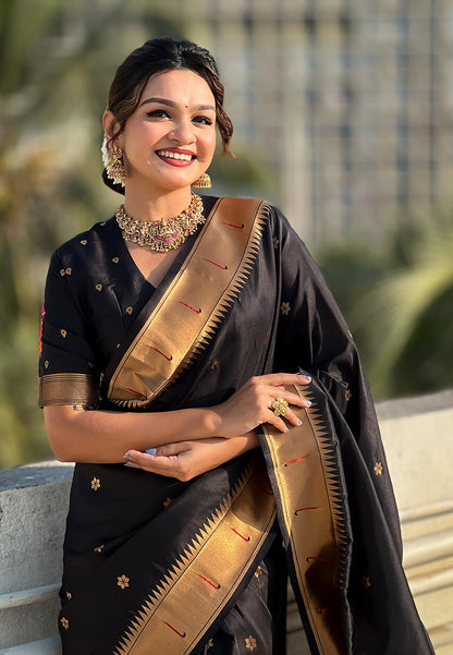 Black Zari Woven Vitthala God Special Paithani Silk Saree Banarasi Silk Saree Anant Tex Exports Pvt.Ltd..