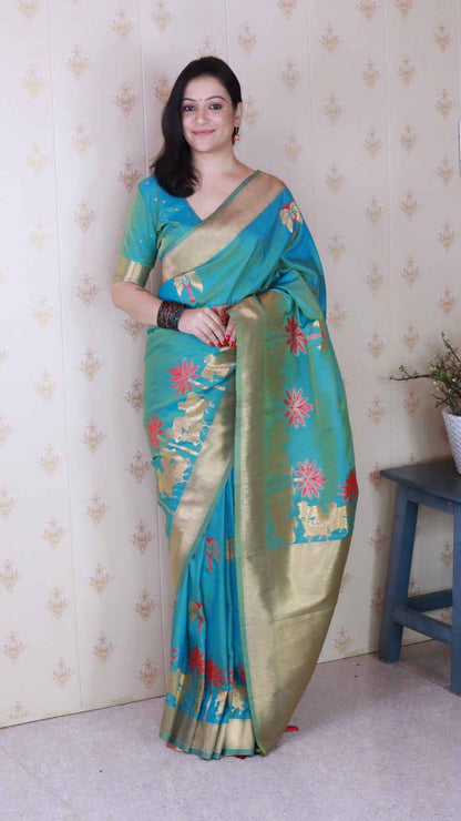 Aqua Blue Soft Silk with Kamdhenu Weaves Zari Woven Saree