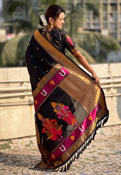 Black Zari Woven Vitthala God Special Paithani Silk Saree Banarasi Silk Saree Anant Tex Exports Pvt.Ltd..