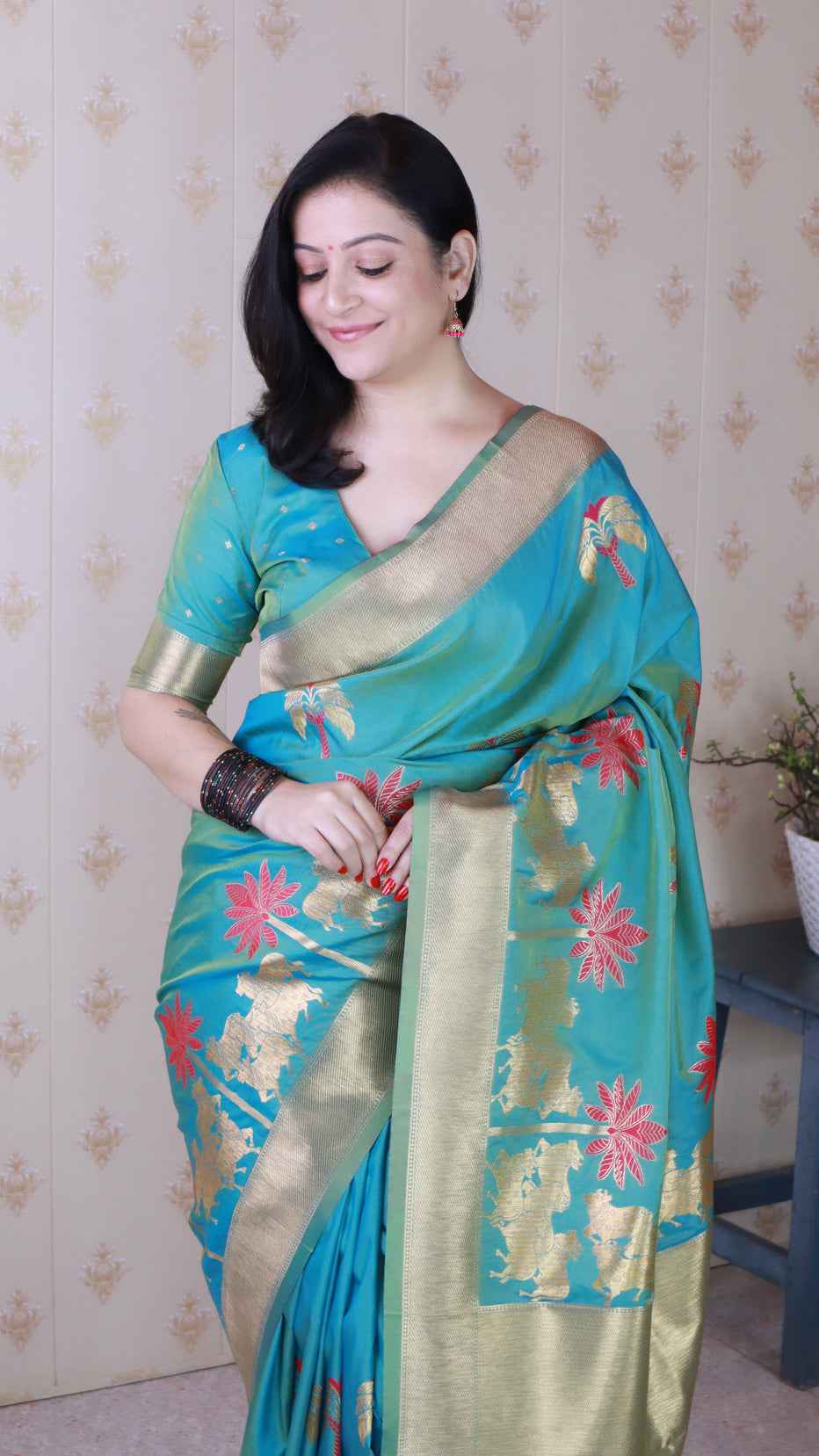 Aqua Blue Soft Silk with Kamdhenu Weaves Zari Woven Saree