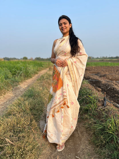 Coconut Cream Pure Soft Handloom Muga Cotton Saree 