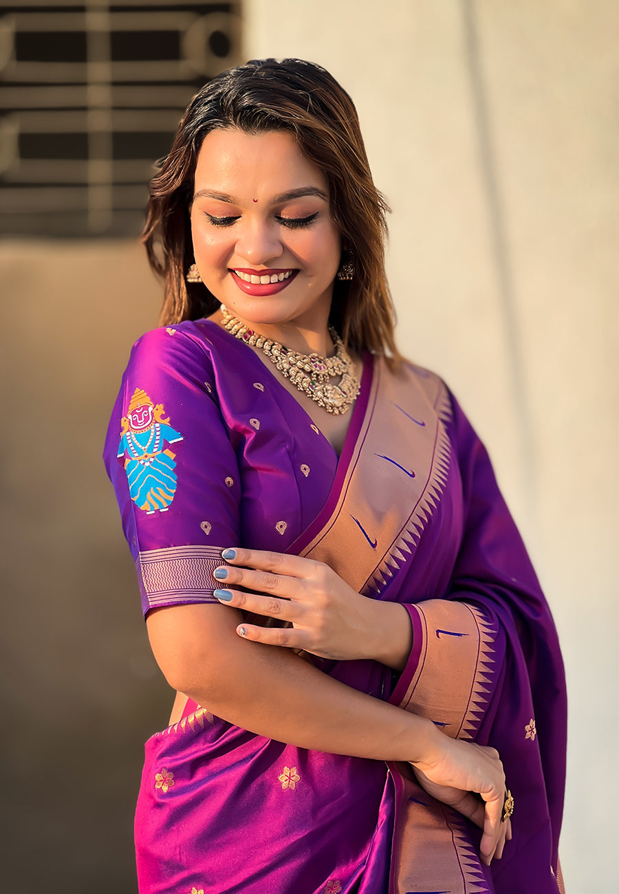 Wine Zari Woven Vitthala God Special Paithani Silk Saree Banarasi Silk Saree Anant Tex Exports Pvt.Ltd..