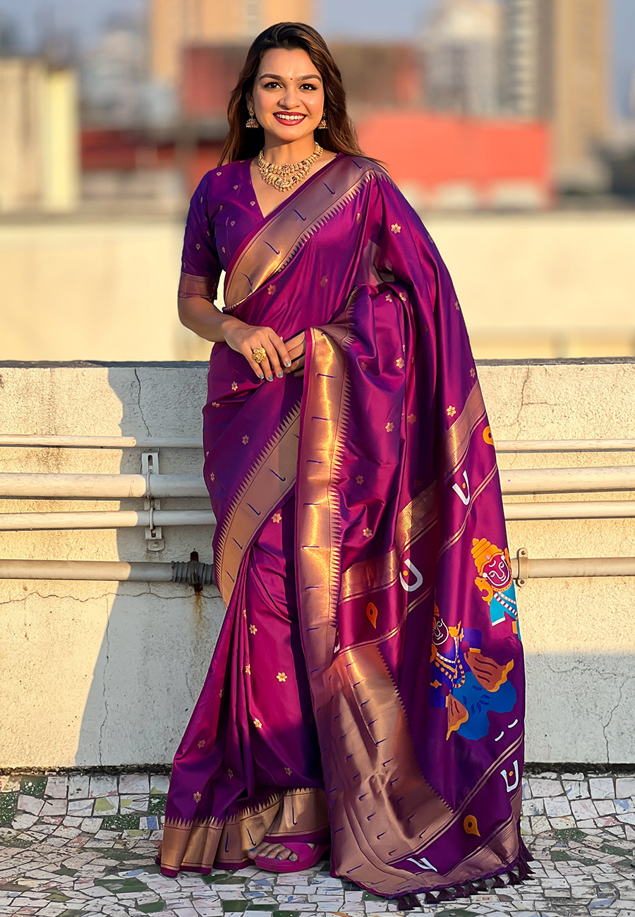 Wine Zari Woven Vitthala God Special Paithani Silk Saree Banarasi Silk Saree Anant Tex Exports Pvt.Ltd..