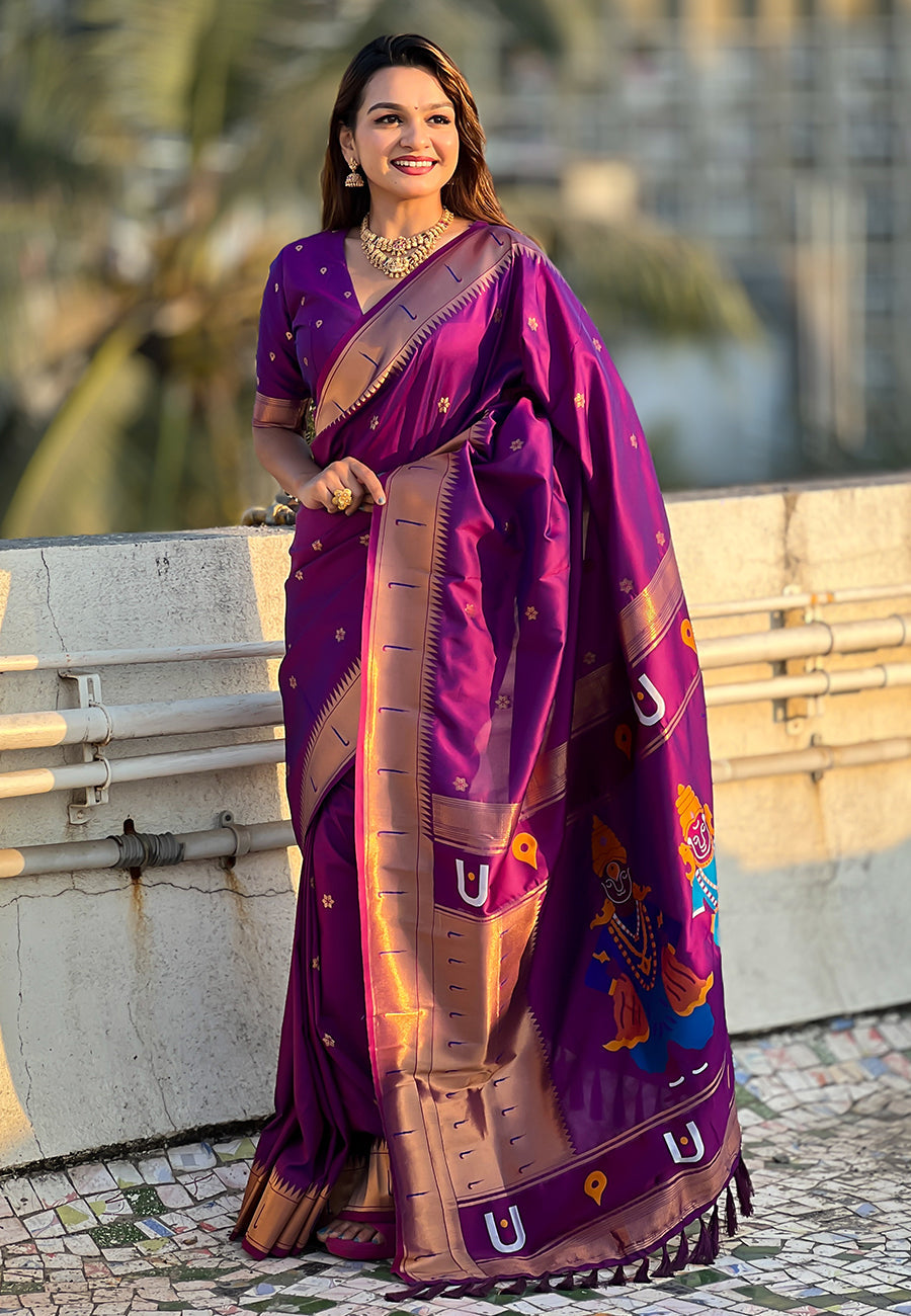 Wine Zari Woven Vitthala God Special Paithani Silk Saree Banarasi Silk Saree Anant Tex Exports Pvt.Ltd..