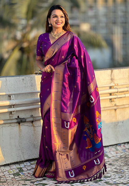 Wine Zari Woven Vitthala God Special Paithani Silk Saree Banarasi Silk Saree Anant Tex Exports Pvt.Ltd..