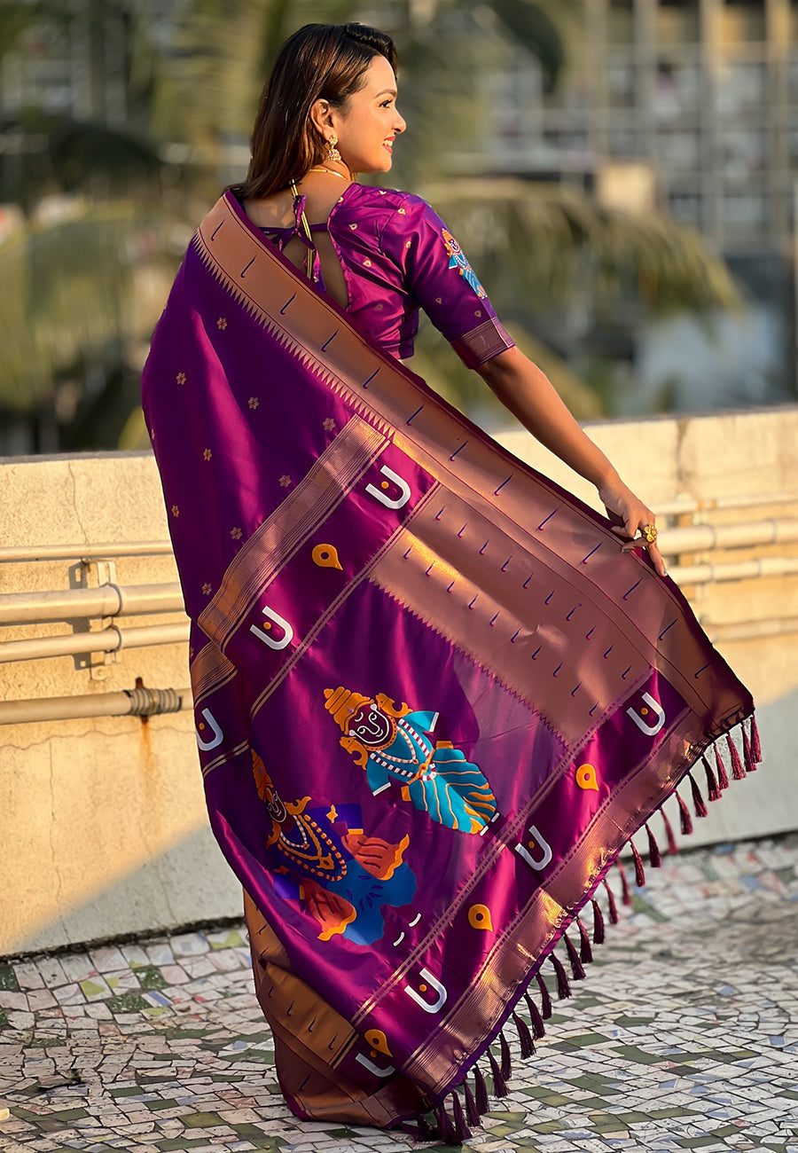 Wine Zari Woven Vitthala God Special Paithani Silk Saree Banarasi Silk Saree Anant Tex Exports Pvt.Ltd..