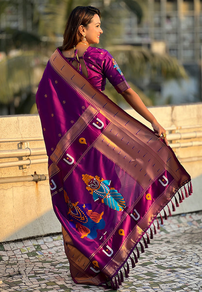 Wine Zari Woven Vitthala God Special Paithani Silk Saree Banarasi Silk Saree Anant Tex Exports Pvt.Ltd..
