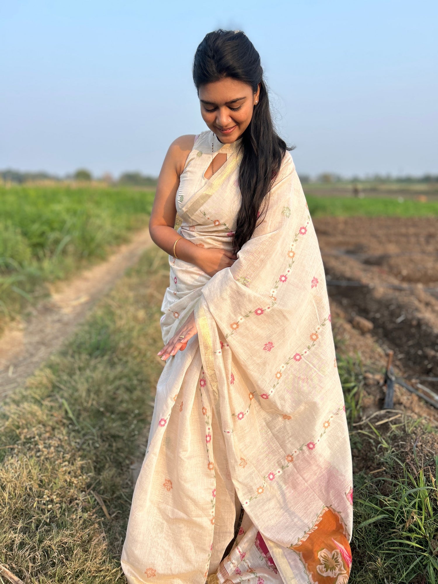 Coconut Cream Pure Soft Handloom Muga Cotton Saree 