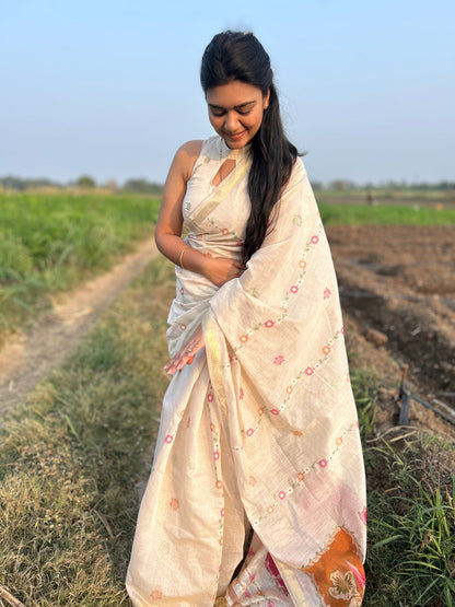 Coconut Cream Pure Soft Handloom Muga Cotton Saree 
