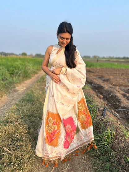 Coconut Cream Pure Soft Handloom Muga Cotton Saree 