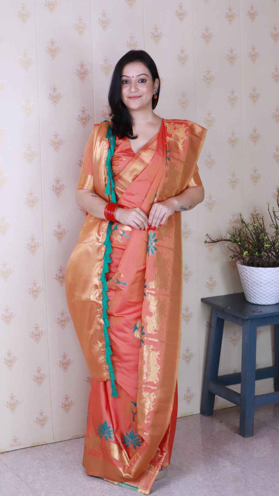Peach Soft Silk with Kamdhenu Weaves Zari Woven Saree