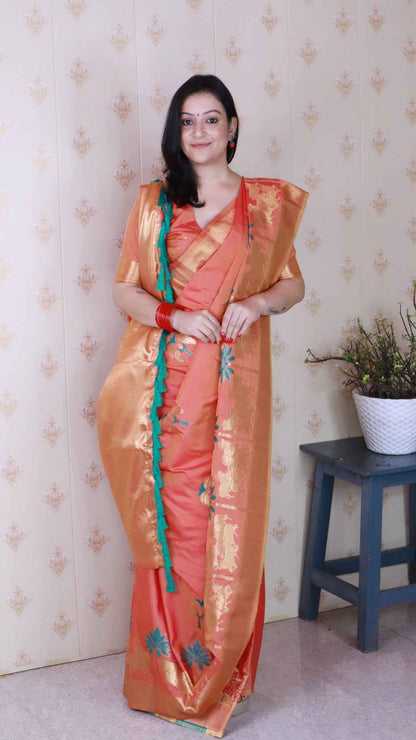 Peach Soft Silk with Kamdhenu Weaves Zari Woven Saree