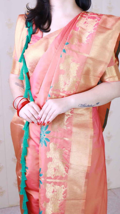 Peach Soft Silk with Kamdhenu Weaves Zari Woven Saree