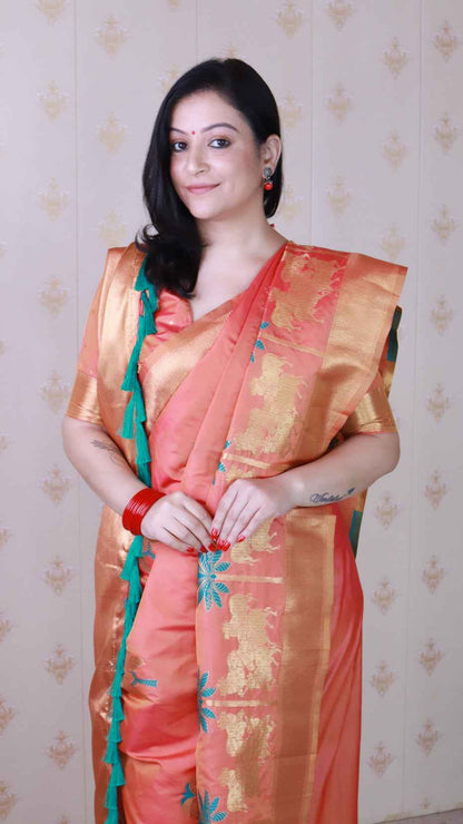Peach Soft Silk with Kamdhenu Weaves Zari Woven Saree