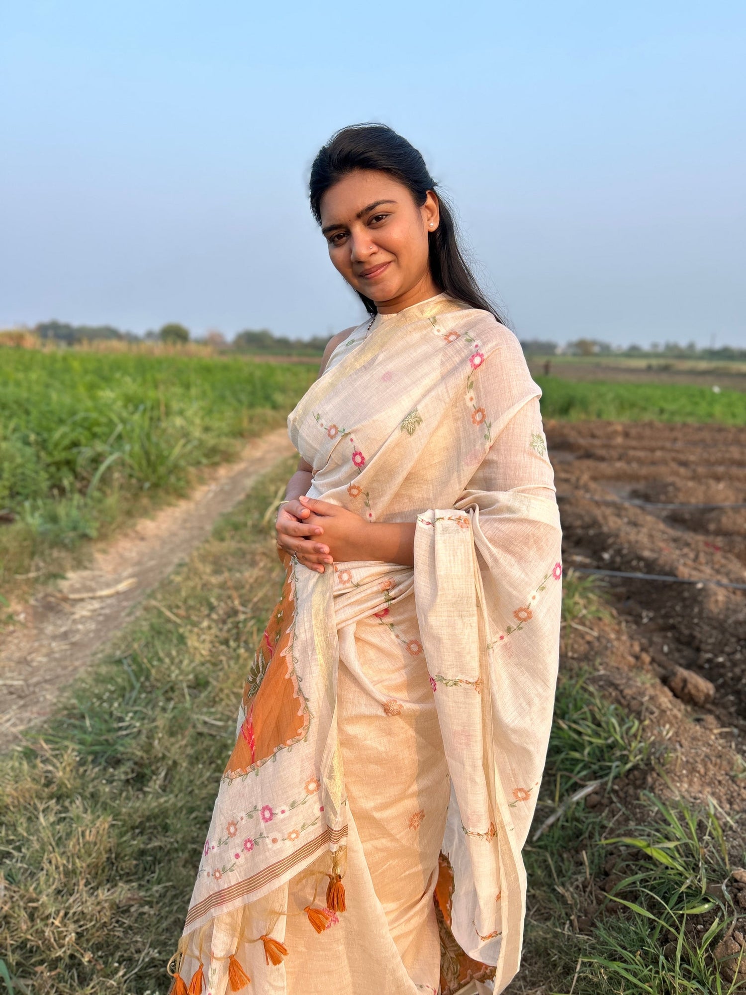 Coconut Cream Pure Soft Handloom Muga Cotton Saree 