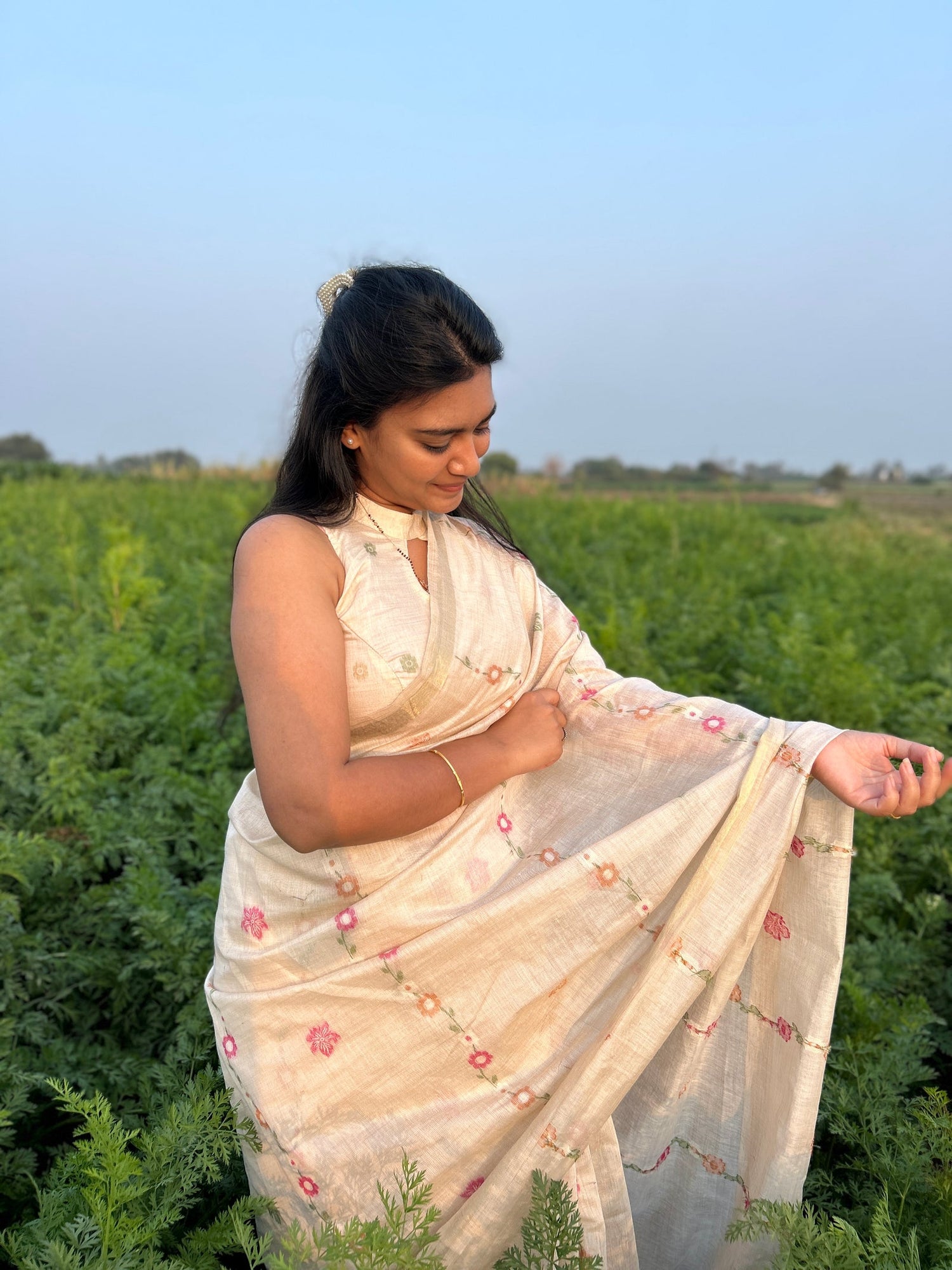 Coconut Cream Pure Soft Handloom Muga Cotton Saree 