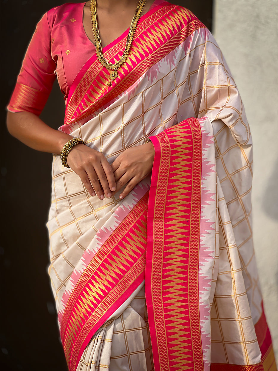 Cream Soft Silk Checks Traditional Zari Contrast Soft Silk Saree Paithani Saree Anant Tex Exports Pvt.Ltd..