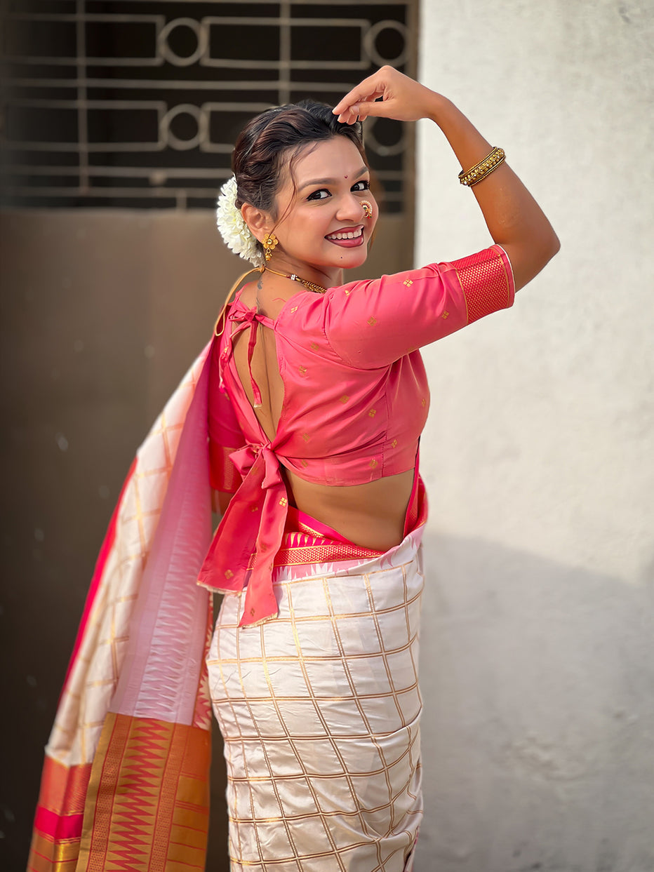 Cream Soft Silk Checks Traditional Zari Contrast Soft Silk Saree Paithani Saree Anant Tex Exports Pvt.Ltd..