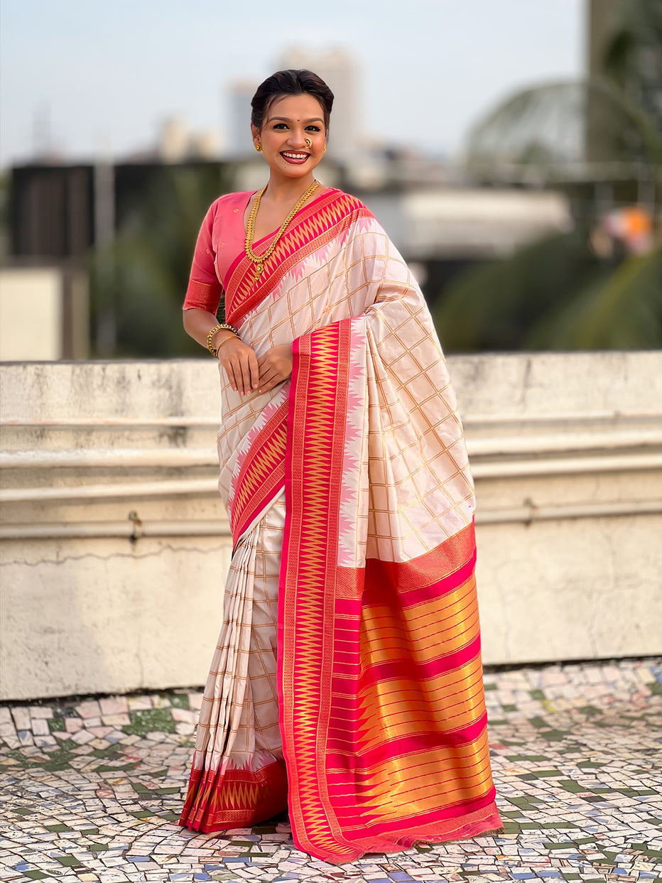 Cream Soft Silk Checks Traditional Zari Contrast Soft Silk Saree Paithani Saree Anant Tex Exports Pvt.Ltd..