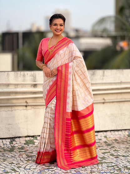 Cream Soft Silk Checks Traditional Zari Contrast Soft Silk Saree Paithani Saree Anant Tex Exports Pvt.Ltd..